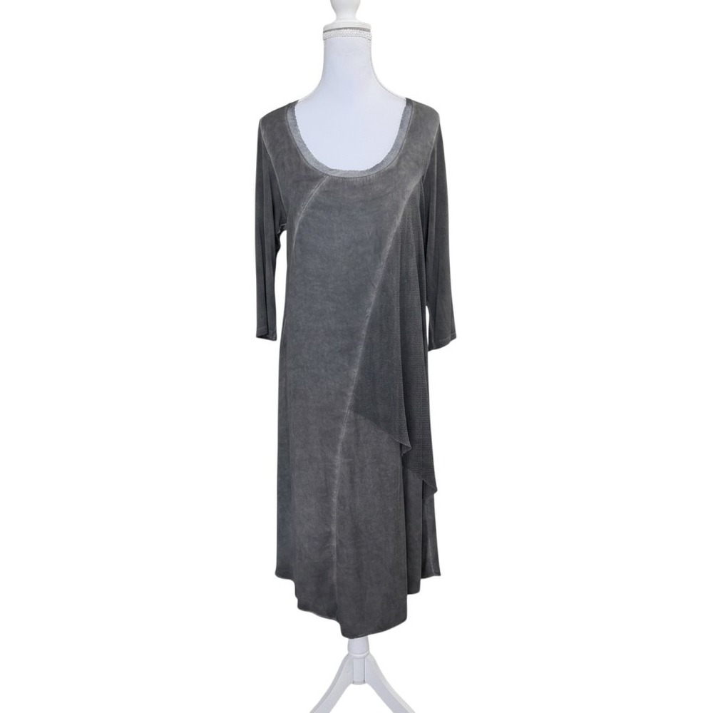 OIZIN Italy Asymmetric Mesh Overlay Midi Dress XL Gray Lagenlook Avant Garde - Picture 2 of 9